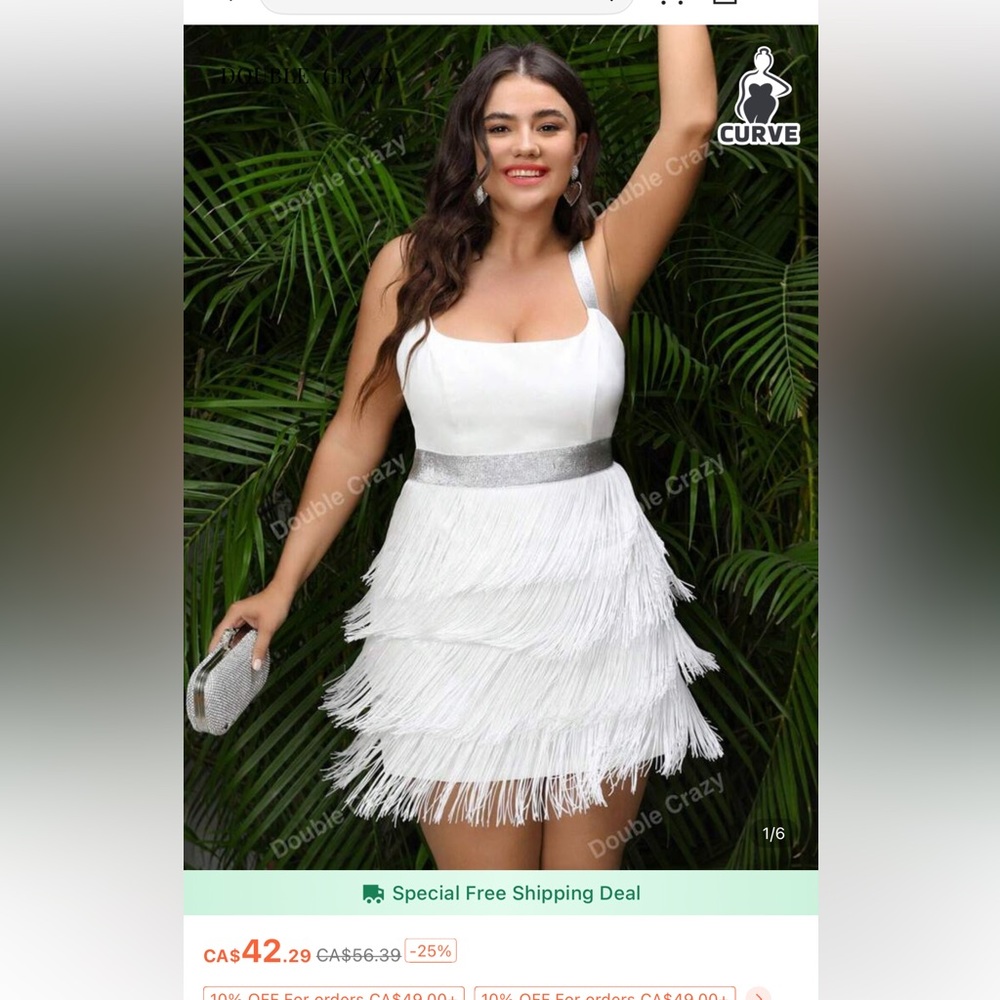 White Fringe Curve Mini Dress with Silver Waistband